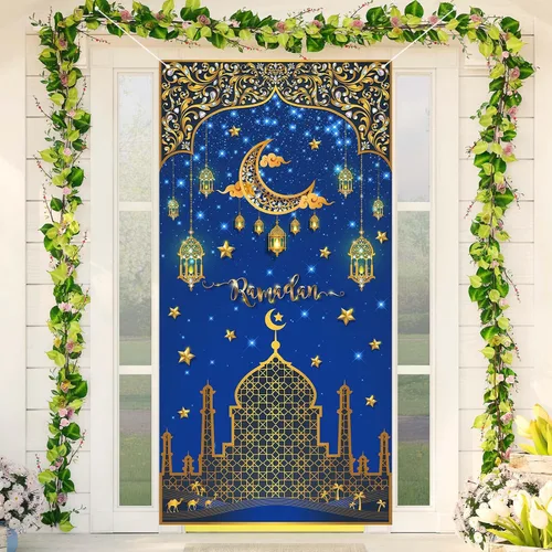 Miniatura 5 de Eid Ramadan Mubarak - Cubierta de puerta de Ramadán, decoración de Ramadán, mezquita de luna y estrella, decoración islámica, pancarta de puerta