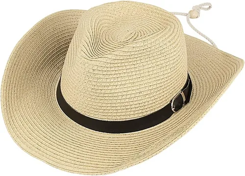 Miniatura 21 de Sombrero de vaquero de paja para hombres y mujeres, sombrero de sol de ala ancha, sombrero de vaquera Panamá con correa para la barbilla, sombrero