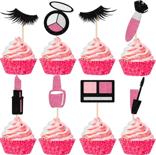24 piezas de maquillaje para cupcakes Glitte, cosméticos, lápiz labial, pestañas, palillos para tartas, tema de maquillaje para niñas, suministros