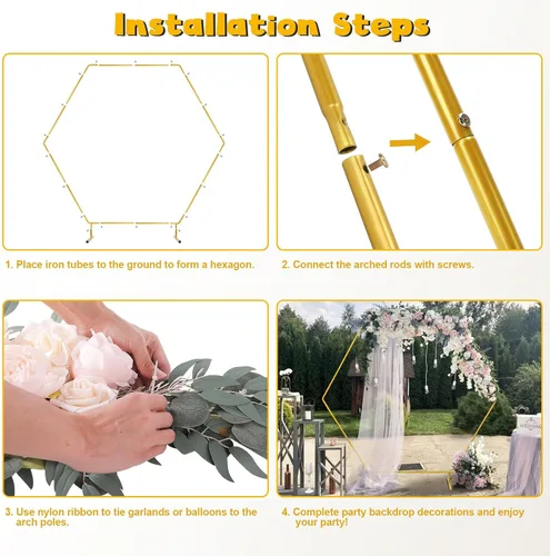 Miniatura 5 de Soporte de Fondo Redondo Chamvis, Arco de Boda Dorado Hexagonal Redondo con Soporte para Plantas Jardín Pérgola: para Fondo de Fotos de Boda