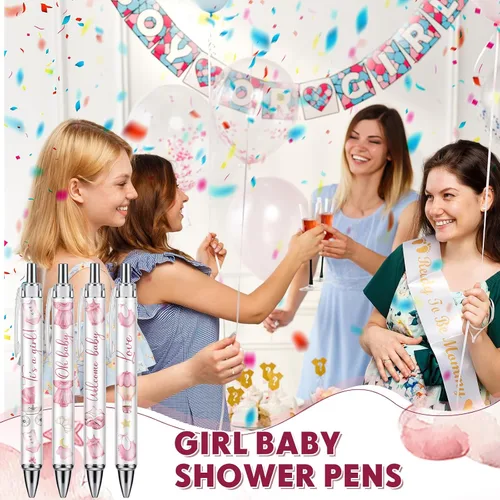 Miniatura 6 de Chuangdi 24 piezas de bolígrafos de bola para baby shower para niñas, bolígrafos retráctiles a granel con tinta negra, con regalos para invitados