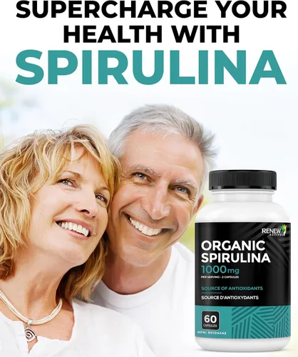 Miniatura 2 de Renew Actives Espirulina orgánica de 1000 mg por 2 cápsulas – Superalimento para hombres y mujeres – Apoya la energía, el bienestar y la función