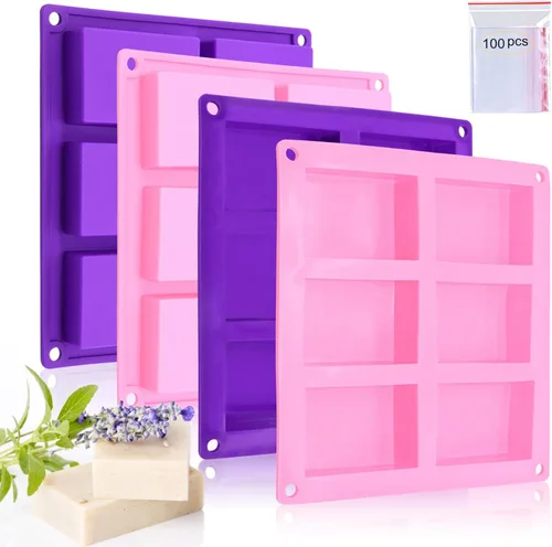 Bangp Paquete de 4 moldes de silicona para jabón, molde de jabón rectangular, 6 cavidades de silicona para hacer jabón artesanal, chocolate, moldes