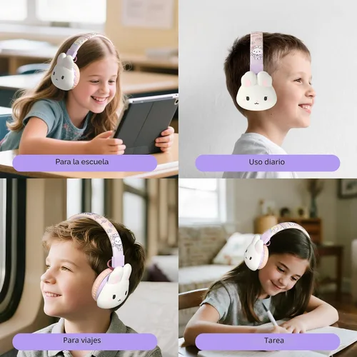 Miniatura 4 de Auriculares Bluetooth para niños, límite de volumen de 85 dB, ultra suaves sobre la oreja, micrófono incorporado, plegables, diseño de animales