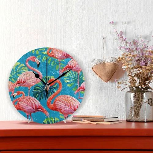 Miniatura 2 de Vintage Painting Flamingos Palm Leaf Blue 10 Inch Round Small Wall Clocks Battery Operated Quiet Deco for Office Farmhouse Dining Room reloj