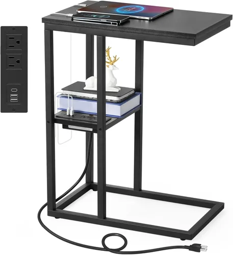 Vagusicc Mesa auxiliar en forma de C con estación de carga, mesa auxiliar pequeña para sofá, mesa auxiliar de aperitivos con puertos USB y salidas