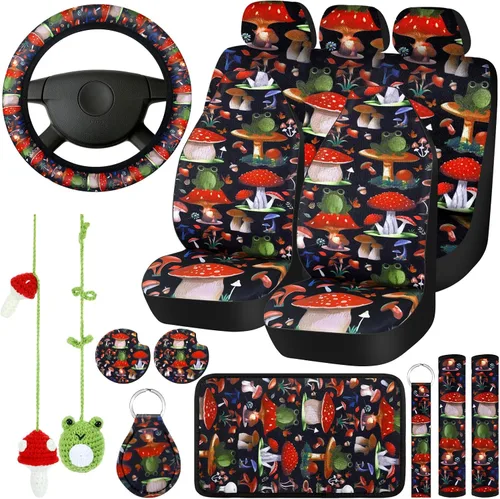 Miniatura 9 de 17 piezas de fundas de asiento de coche con diseño de hongos, accesorios completos para automóviles para mujeres y hombres, protector de asiento