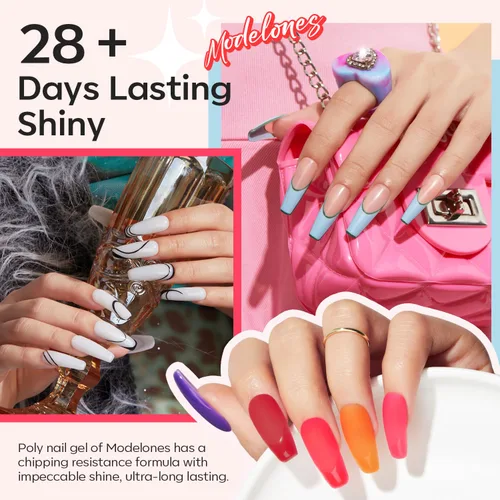 Miniatura 3 de Modelones Kit de uñas de polygel de 133 piezas, kit de gel para extensiones de uñas de 32 colores en primavera rosa pastel con lámpara de uñas, capa