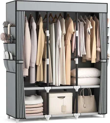 Miniatura 9 de VTRIN Armario portátil para colgar ropa con cubierta, 3 varillas colgantes, 6 estantes de almacenamiento y bolsillo lateral, Tubo de metal