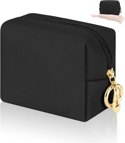 Miniatura 9 de Bolsa de maquillaje pequeña de 5.1 x 5.1 pulgadas para monedero, material flocado, mini bolsa de maquillaje de viaje con dos bolsillos internos