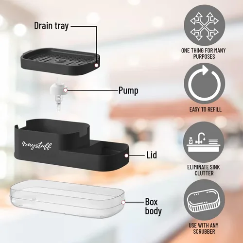 Miniatura 7 de Dispensador de jabón para platos para fregadero de cocina 2 en 1 con soporte para esponja. Dispensador de jabón líquido y esponja incluidos.