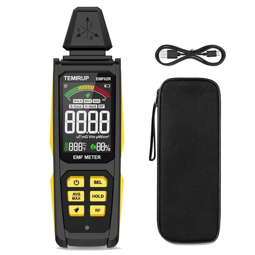 Miniatura 10 de Detector EMF, TEMIRUP 5 en 1 Medidor EMF Portátil Detector de Radiación, Detecta EF, RF, MF, Señal WiFi, Temperatura, Humedad, Lector EMF Recargable