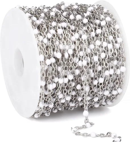 Miniatura 24 de Cadenas de esmalte dorado de 33 pies a granel, 2 mm, chapadas en oro de 18 quilates con PVD, acero inoxidable 304, cadena de eslabones con cuentas