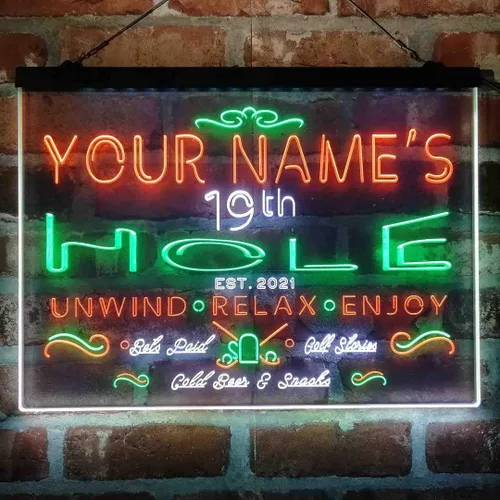 Miniatura 11 de Personalized 19th Hole Golf Club Tri-Color LED Neon Light Sign Customize Name Date Text Quote Font Green & Red & Yellow 13 x 8.7 Inches
