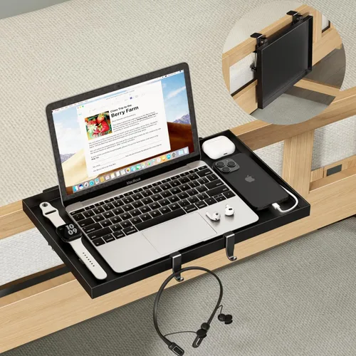 Magheo Estante plegable para mesita de noche, estante de metal con clip para litera superior, bandeja de mesa auxiliar de cama resistente para Negro