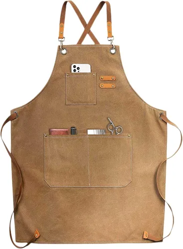 Miniatura 10 de LZMS Delantal de chef para hombres y mujeres, delantal de trabajo de lona con espalda cruzada con 3 bolsillos grandes, resistente al agua