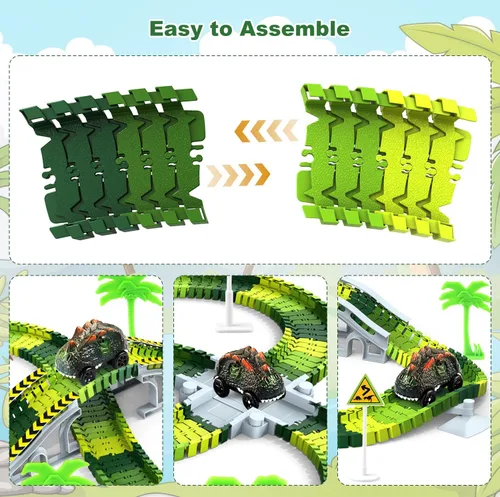 Miniatura 5 de Juguetes de dinosaurio para niños de 3 a 5 años, juego de pista de tren flexible que brilla en la oscuridad, 2 autos de dinosaurio para niños