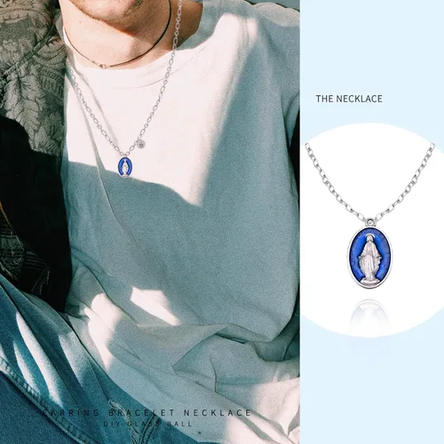 Miniatura 5 de 40 piezas ovaladas de aleación azul esmalte católica medalla milagrosa de la Virgen María colgante para bricolaje rosario collar pulsera mexicana