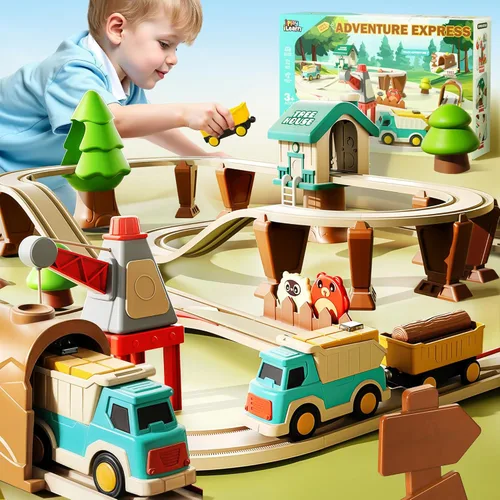 iPlay, iLearn Juego de tren de juguete de pista de construcción para niños de 62 piezas, camión magnético motorizado eléctrico con grúa tractor,