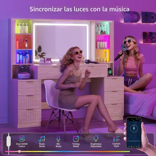 Miniatura 2 de HAUOMS Big Vanity, escritorio de maquillaje de madera estriada con espejo y luces LED de sincronización de sonido, tocador grande, 8 cajones, Roble
