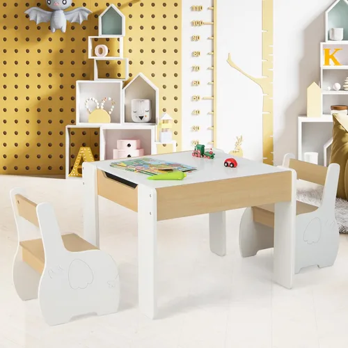 Miniatura 9 de INFANS Juego de mesa y silla para niños 3 en 1, mesa multiactividad de madera con almacenamiento removible en la parte superior, pizarra desmontable