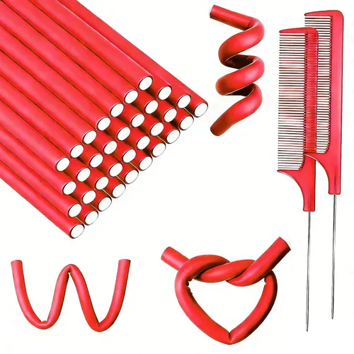 Miniatura 8 de 60 varillas flexibles para rizar, de espuma giratoria, sin calor, rodillos de pelo y peine de cola de rata de acero para cabello largo y corto