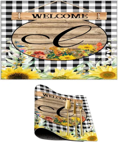 Miniatura 30 de Manteles individuales de bienvenida con diseño de girasol vintage con bandera R con inicial, 1 unidad, estilo granja, para mesa de comedor, cocina