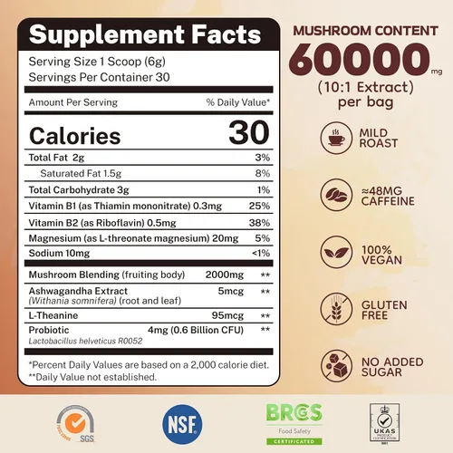 Miniatura 3 de Café de hongos de 60,000 mg – 13 hongos naturales mezcla de aceite MCT y vitaminas, café instantáneo Keto Arábica con Ashwagandha y L-teanina y más