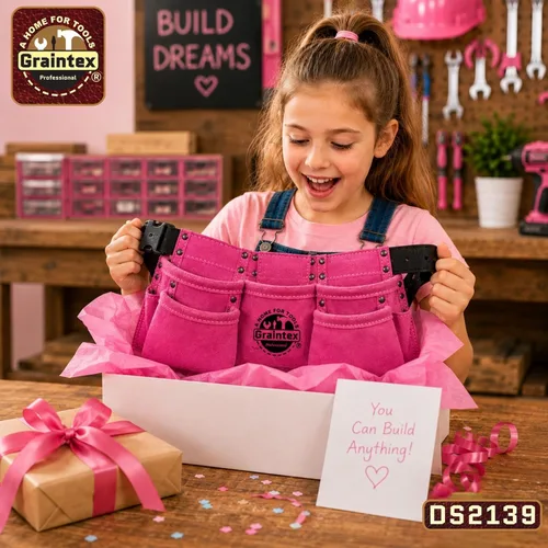 Miniatura 3 de Graintex DS2139: Cinturón portaherramientas de 9 bolsillos para niños en color rosa, cuero de ante, cinturón real para niños, delantal