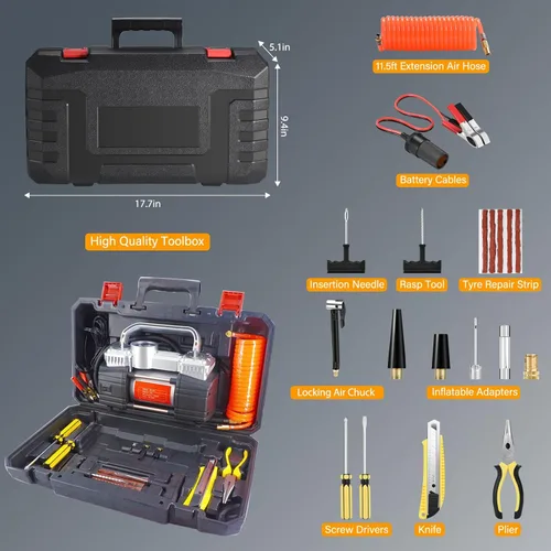 Miniatura 3 de GSPSCN 12V Digital Heavy Duty Neumáticos Inflador Portátil Compresor Bomba with Toolbox Tire Repair Kit 6X Faster Inflation Auto shut-off Dual
