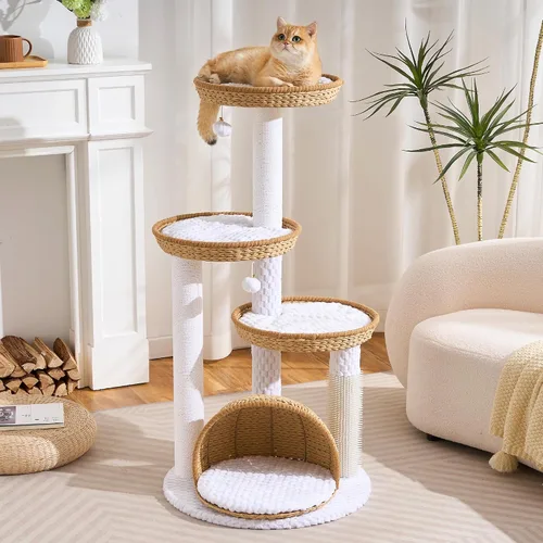 Miniatura 10 de HITTITE Moderna torre de árbol para gatos con poste rascador, torres para gatos de 46 pulgadas de alto con nidos y cueva tejidos, árbol para gatos