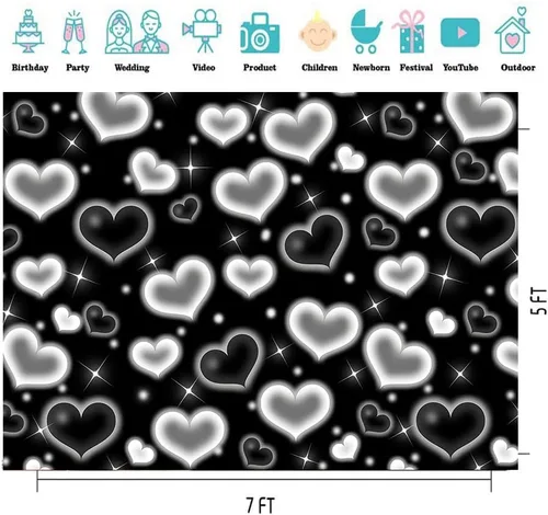 Telón de fondo negro de 7 x 5 pies para foto de corazón de los años 90 para sesión de fotos, telón de fondo del día de la madre, para mujeres y