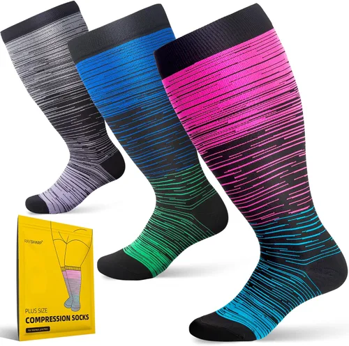 RAYSHARP Paquete de 3 calcetines de compresión de talla grande para mujeres y hombres, medias altas hasta la rodilla de 20-30 mmHg para piernas