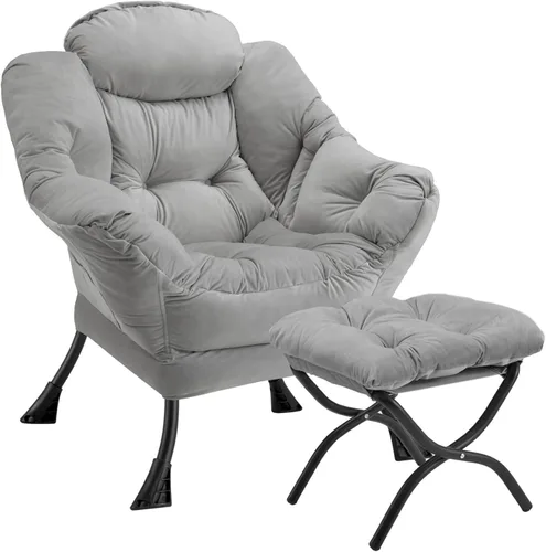 Miniatura 9 de Silla perezosa con otomana plegable, sofá de ocio, sillón de tela suave con reposabrazos y bolsillos laterales, silla de lectura con reposapiés