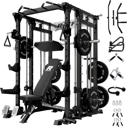 Miniatura 14 de RitFit Máquina Buffalo Smith, jaula eléctrica con sistema LAT-Pull Down y sistema de cruce de cables, estante de sentadillas todo en uno