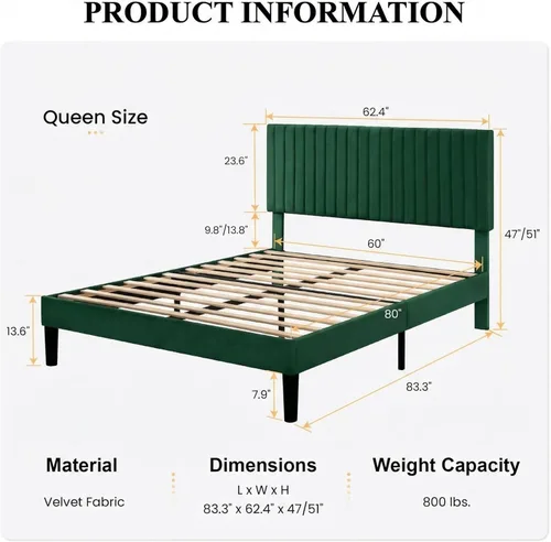 Miniatura 2 de SHA CERLIN - Base de cama tamaño Queen con cabecera acolchada tapizada en terciopelo y diseño acanalado vertical; plataforma de cama con soporte