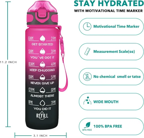 Miniatura 2 de Enerbone Botella de agua de 32 oz con horas para beber y pajita, motivacional con correa para llevar, a prueba de fugas, sin BPA ni tóxicos, Rojo