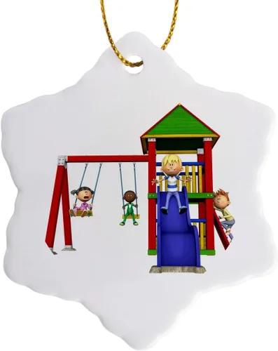 3dRose Niños de dibujos animados en un patio Set 3 pulgadas copo de nieve ornamento de porcelana