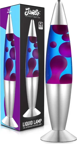 Jambo - Preciosa lámpara de movimiento líquido de 16 pulgadas - Entretenimiento para niños y adultos - Azul con cera fucsia/morada, 16 pulgadas