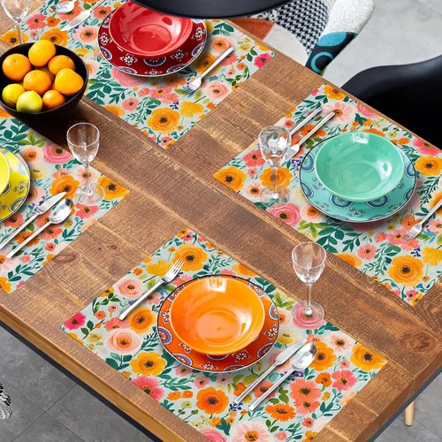 Miniatura 7 de Juego de 4 manteles individuales con estampado de flores de acuarela para decoración de mesa de comedor en el hogar, interior y exterior