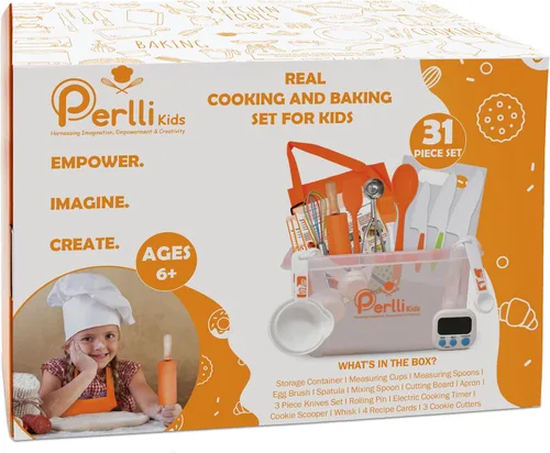 Miniatura 8 de PERLLI Juego de cocina real para niños para cocinar y hornear, 31 piezas. Regalo para chef junior con utensilios reales, estuche y juego de Naranja