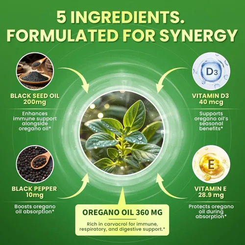 Miniatura 2 de Aceite de orégano 5 en 1 con aceite de semilla negra, 99% Carvacrol Thymoquinone 320 cápsulas de aceite de orégano orgánico, vitamina