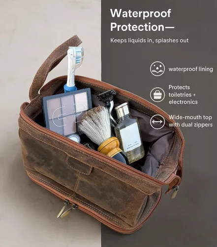 Miniatura 4 de Neceser de cuero para hombre - Kit Dopp para viajes, afeitado, viajes nocturnos, Marrón, M