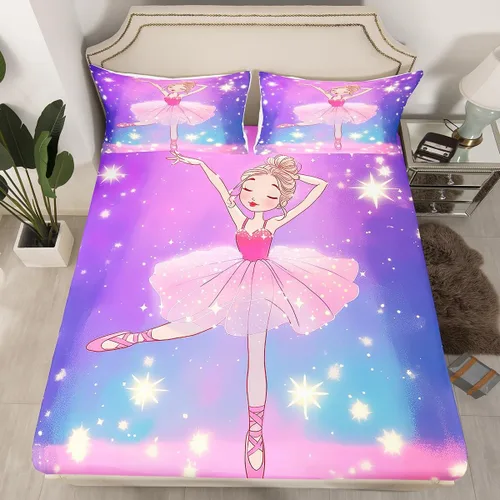 Miniatura 9 de Juego de ropa de cama Kawaii tamaño individual, sábana bajera ajustable de dibujos animados para niños y niñas, juego de ropa de cama de ballet