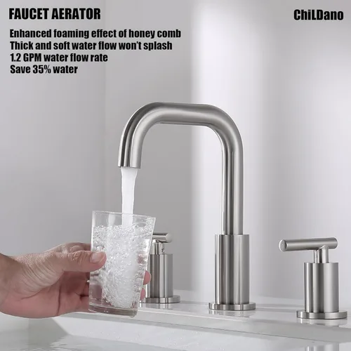 Miniatura 4 de Grifo de baño extendido de níquel cepillado de 8 pulgadas, grifo de baño de 2 manijas y 3 agujeros con desagüe de lavabo y manguera de suministro