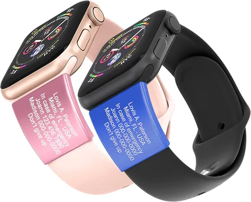 Etiqueta de identificación grabada con láser para correa de Apple Watch, placa de seguridad de alerta médica para corredores, fitness y usuarios de