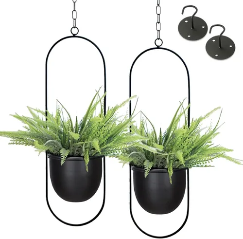 Shineloha - Paquete de 2 macetas colgantes para plantas de interior con maceta de 5.5 pulgadas + gancho de techo, maceta colgante negra, colgador de
