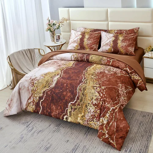 Miniatura 12 de PERFEMET Juego de edredón de 6 piezas tamaño Full, color oro aguamarina, ropa de cama en una bolsa, edredón de mármol acuarela con sábanas, suave