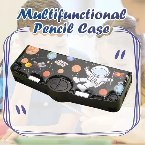 Miniatura 6 de Estuche multifunción para niños y niñas, bonita caja organizadora de lápices de dibujos animados con sacapuntas, tijeras y regla, regalos de Negro