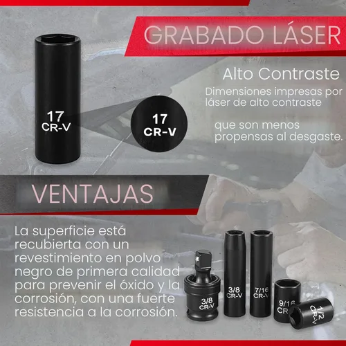 Miniatura 6 de EACELIY Juego de llaves de 64 piezas de 3/8", Juego de llaves de impacto, SAE/métrico, profundo y poco profundo, acero Cr-V, 6 puntas